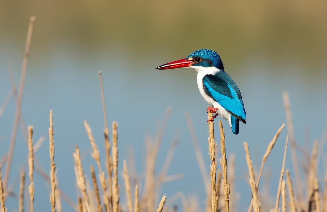 Collared Kingfisher alert on a reed near the water
